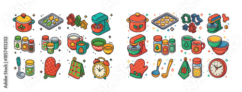 Festive holiday baking icons: cookware, cookie cutters, mixer, s