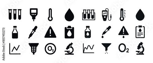 Set of laboratory icons: test tubes, thermometers, microscope, p