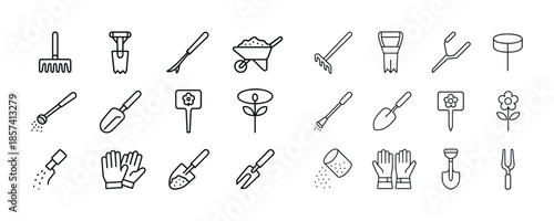 Set of 24 outline garden tool icons including spades, rakes, whe