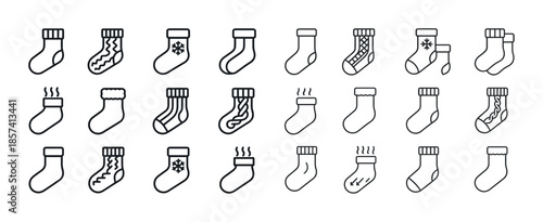 Variety of simple black and white sock icons illustrating differ