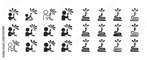 Variety of black and white watering icon designs with hose and p