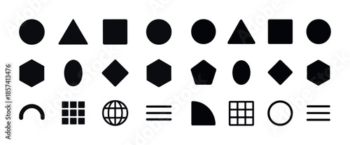 Various geometric shapes and patterns including circles, squares