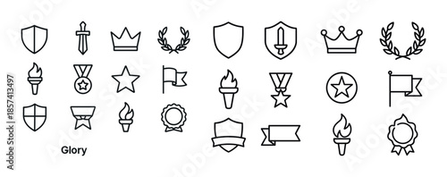 Collection of 22 minimalist line icons of shields, swords, crown