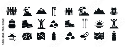 Outdoor adventure icons: hiking, biking, trekking, map, backpack