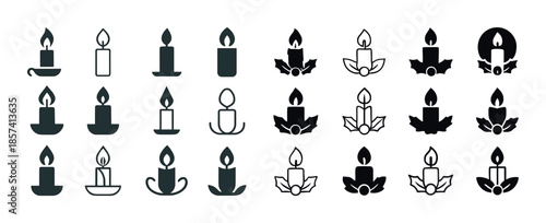 Set of decorative candle icons with holly leaves