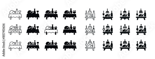 Dining setup icons: elegant table arrangements and food illustra