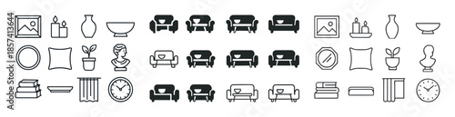Outline icons of furniture, decor, and home accessories in black