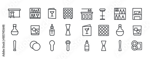 Bar and cocktail icons set: drinks, glassware, and barware outli