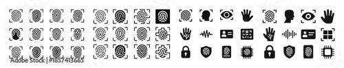 Biometric authentication icons featuring fingerprints, faces, ey