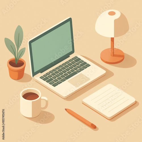 Minimalist Isometric Home Office Workspace Illustration Featuring Laptop, Coffee, Plant, and Lamp for Remote Work and Study Productivity