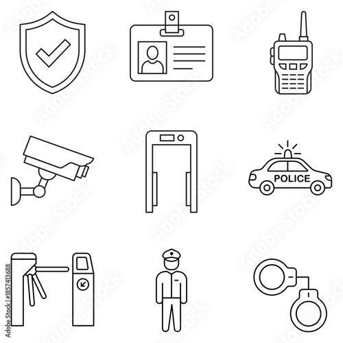 Security and Law Enforcement Line Icons Set – Police, Access Control, Surveillance, Protection