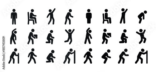 Set of diverse human silhouettes in various poses and activities