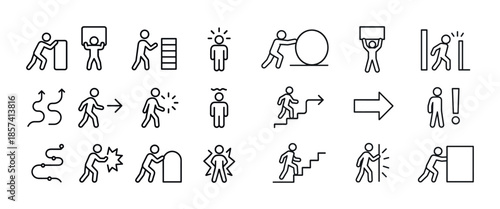 Minimalist outline icons depicting various human actions and mov