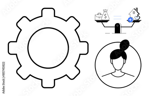 Work-life balance concept. Simple icons showing a gear, financial decisions, and a woman s profile interconnected to work-life balance. Ideal for career, decision-making, and productivity visuals