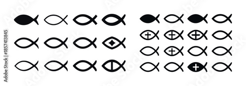 Variety of ichthys symbols with diverse designs and cross variat