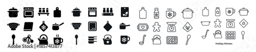 Holiday kitchen icon set featuring cooking and baking symbols