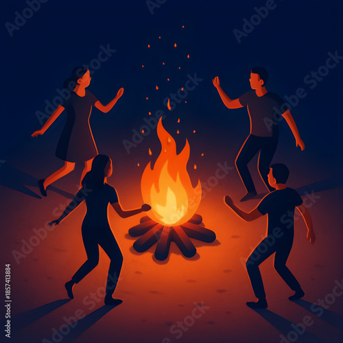 Happy friends dancing around a bonfire at night, enjoying a warm and vibrant celebration with sparks flying into the dark sky