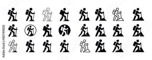 Hiking icons collection: diverse silhouettes of outdoor adventur