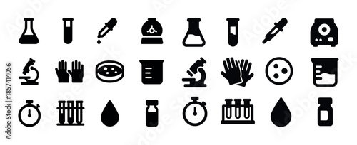 Collection of laboratory and science icons featuring beakers, mi