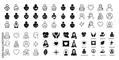 Self-care icon set with heart and peace symbols in various desig