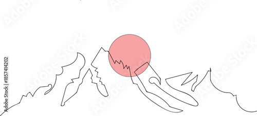 Minimalist continuous line art depicting a majestic mountain range with a red sun. illustration, people, vector, 3d, business, symbol, men, silhouette, group, design, icon, running