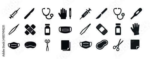 Medical icons set: syringe, stethoscope, scalpel, thermometer, m