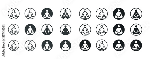 Set of meditation icons in various styles and poses on white bac