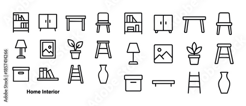Black line icon set of home interior furniture and decoration el