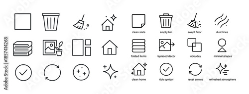 Set of minimalist cleaning and home organization icons in black