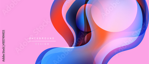 Abstract fluid shapes overlap, creating vibrant color gradients. Pink background complements blue, red, purple hues. Modern design element.