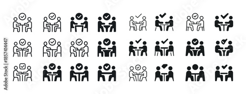 Set of business meeting and interview icons in black and white