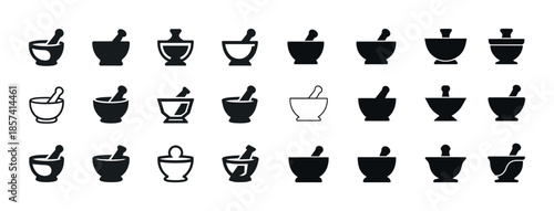 Collection of various mortar and pestle silhouettes in black and