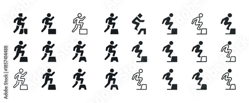 Set of icons depicting silhouettes jumping over obstacles in var