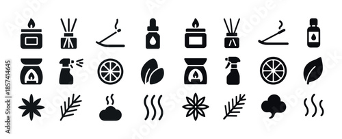 Aromatherapy icon set: candles, diffusers, essential oils, incen