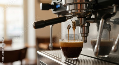 Espresso pouring into a clear glass cup from a stainless steel coffee machine