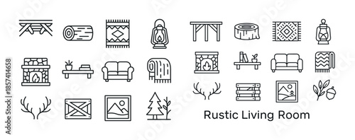 Rustic living room icons set with furniture, decor, and nature e