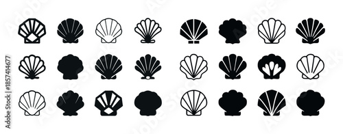 Collection of various black and white seashell icons in differen