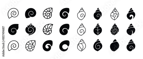 Black and white nautical shell icon set featuring spirals and pa