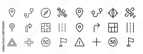 Navigation and direction icons set: maps, gps, compass, road sig