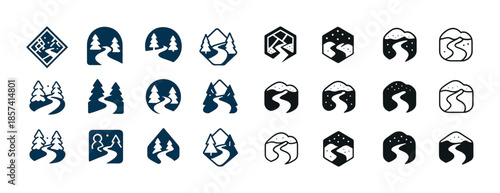 Stylized nature icons with trees and paths in monochrome and blu
