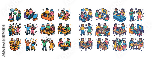 Diverse families enjoying various activities together in colorfu