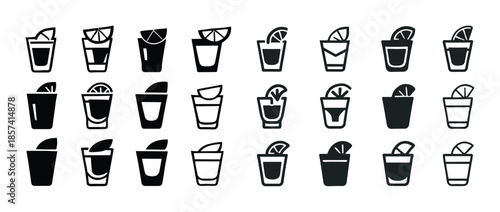 Variety of black and white cocktail glass icons with citrus garn