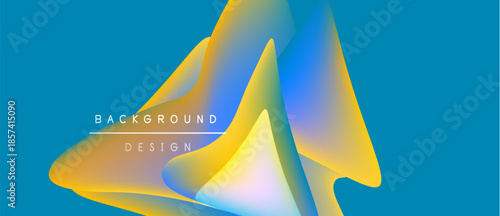 Abstract fluid shapes overlap, creating vibrant color gradients. Blue background complements yellow, orange, purple hues. Modern design element.