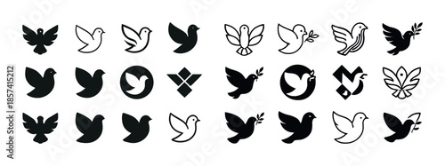 Collection of stylized dove and bird icons in various designs an