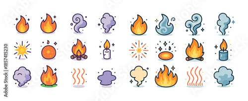 Collection of cartoon fire and smoke icons with flames and spark