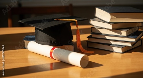 Graduation cap, diploma, and books on a light-wood table