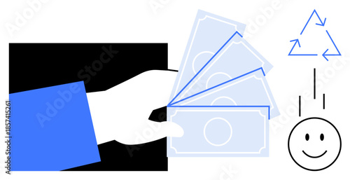 Sustainable economy theme. Hand holding cash, recycling icon, and smiling face sustainability, ethical practices, and eco-friendly financial systems. For business, finance, sustainability green