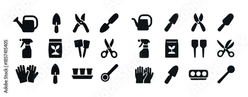 Black garden icon set: tools, gloves, watering cans, seedlings f