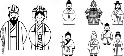 Traditional korean royal family and attendants illustration