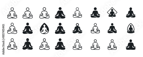 Variety of meditation pose icons on white background